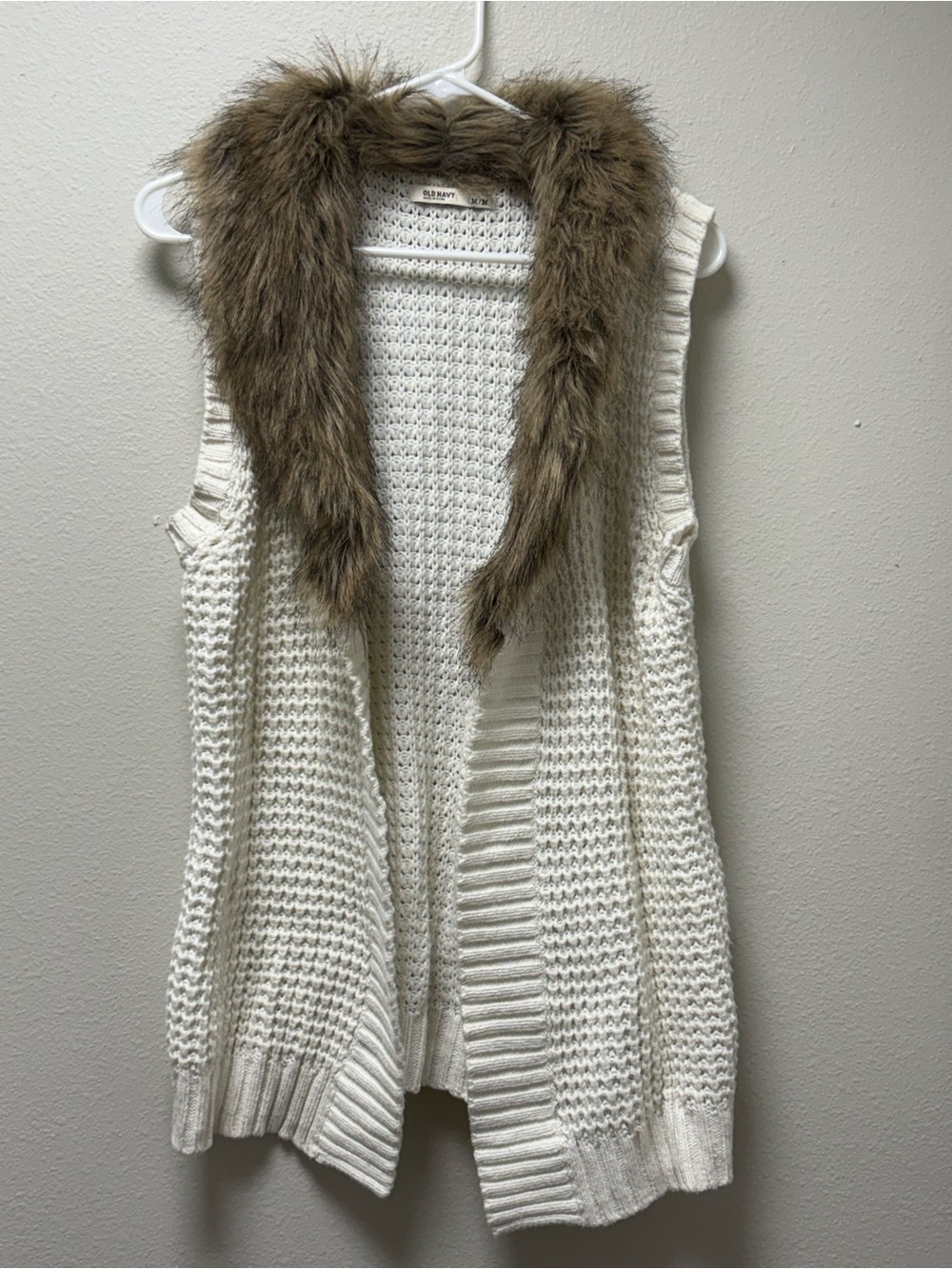 Old Navy Women's Knit Open Front Cardigan Sweater Vest Faux Fur Ivory/Brown M